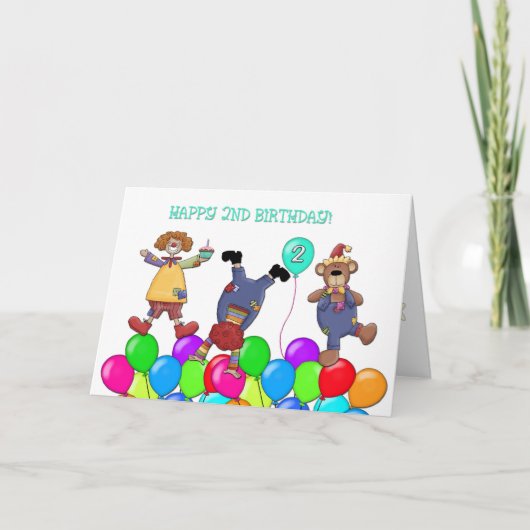 2e verjaardag Clowns Ballonnen Kaart (Voorkant)