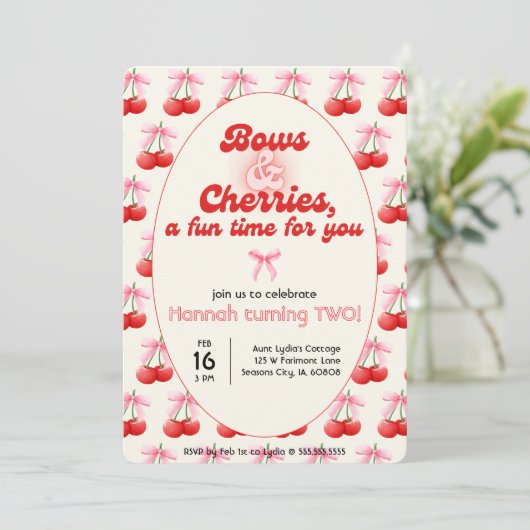 2e Verjaardag Coquette Kersen Bogen Bubble Letters Kaart (Staand voorkant)