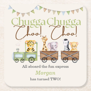 2e verjaardag Cute Chugga Watercolor dierentrein   Kartonnen Onderzetters