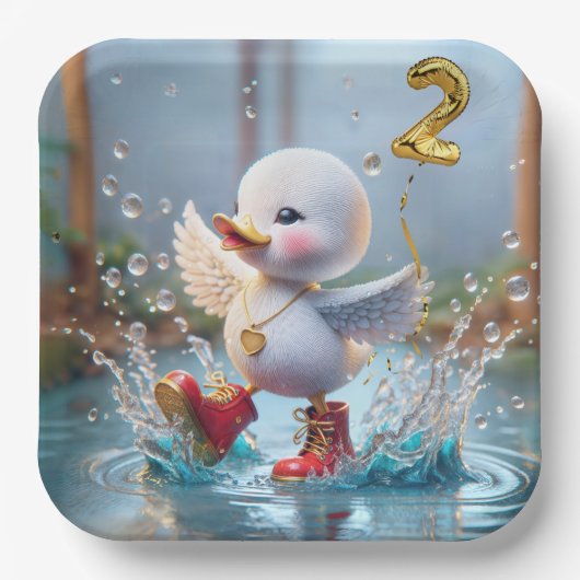 2e Verjaardag Eend Dansen In Een Regenplas Papieren Bordje (Voorkant)