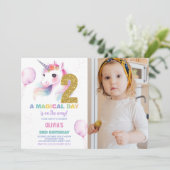 2e Verjaardag Eenhoorn Verjaardag Uitnodigingen fo (Staand voorkant)