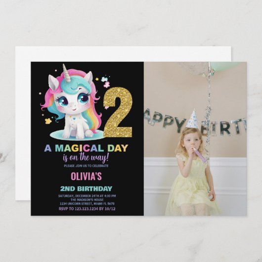 2e Verjaardag Eenhoorn Verjaardag Uitnodigingen fo (Voorkant / Achterkant)