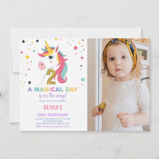 2e Verjaardag Eenhoorn Verjaardag Uitnodigingen fo (Voorkant)