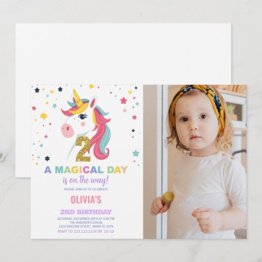 2e Verjaardag Eenhoorn Verjaardag Uitnodigingen fo (Voorkant / Achterkant)