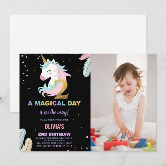 2e Verjaardag Eenhoorn Verjaardag Uitnodigingen w  (Voorkant / Achterkant)