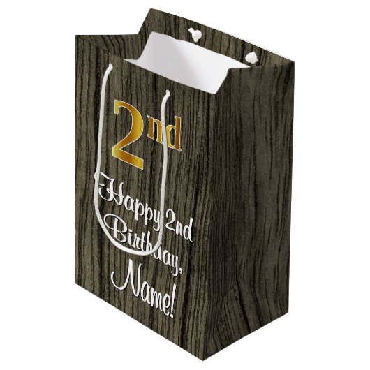 2e verjaardag: Elegante nepgoud look #, Nep hout Medium Cadeauzakje (Voorkant Gekanteld)