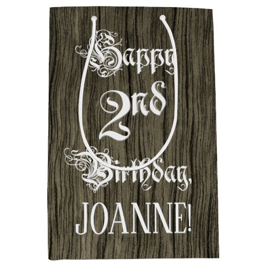 2e verjaardag: Fancy, Faux Wood Kijk + Aangepaste  Medium Cadeauzakje (Voorkant)