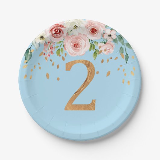 2e verjaardag Floral Blue Boy Paper Bord (Voorkant)