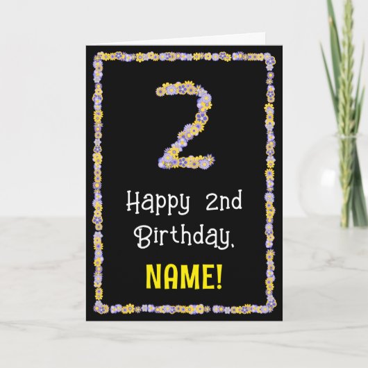 2e verjaardag: Floral Flowers Number, Custom Name Kaart (Voorkant)