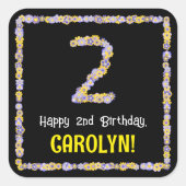 2e verjaardag: Floral Flowers Number, Custom Name Vierkante Sticker (Voorkant)