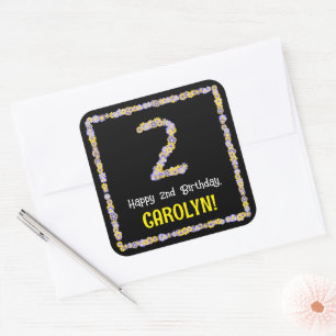 2e verjaardag: Floral Flowers Number, Custom Name Vierkante Sticker