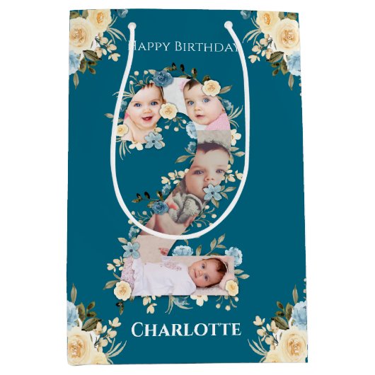 2e verjaardag Foto Blauwgroen Collage Blue Yellow  Medium Cadeauzakje (Voorkant)