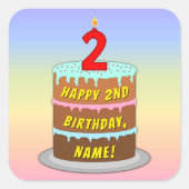 2e verjaardag: Fun Cake en Candle + Custom Name Vierkante Sticker (Voorkant)