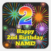2e verjaardag: Fun Fireworks Kijk, regenboog # 2 Vierkante Sticker (Voorkant)