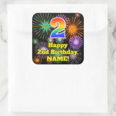 2e verjaardag: Fun Fireworks Kijk, regenboog # 2 Vierkante Sticker (Tas)