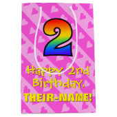 2e verjaardag: Fun Pink Hearts Stripes & Rainbow 2 Medium Cadeauzakje (Voorkant)