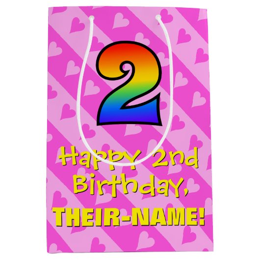 2e verjaardag: Fun Pink Hearts Stripes & Rainbow 2 Medium Cadeauzakje (Voorkant)