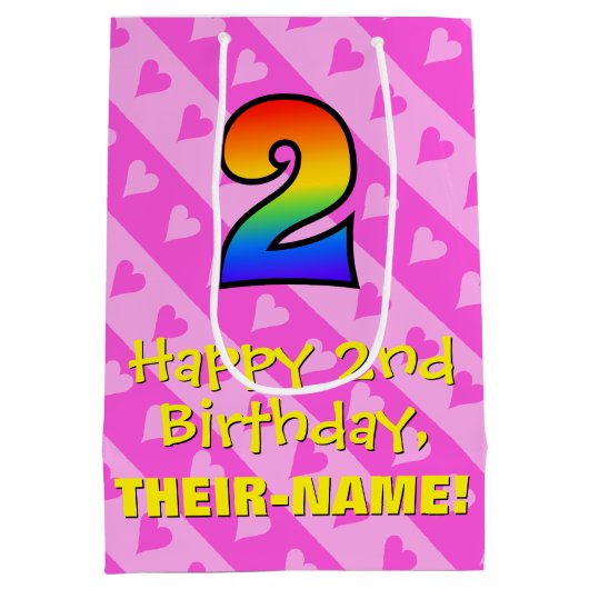 2e verjaardag: Fun Pink Hearts Stripes & Rainbow 2 Medium Cadeauzakje (Achterkant)