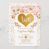 2e Verjaardag - Gouden Hart Wit Roze Bloemen Kaart (Voorkant / Achterkant)