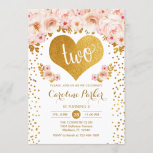 2e Verjaardag - Gouden Hart Wit Roze Bloemen Kaart