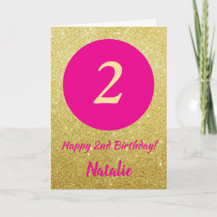 2e verjaardag hete roze en gouden glitters kaart