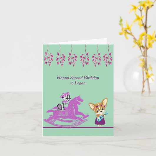 2e verjaardag Kaart met kattenhobbypaard en hond (Gele Bloem)