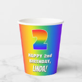 2e verjaardag: kleurrijk, vun regenboogpatroon # 2 papieren bekers (Voorkant)