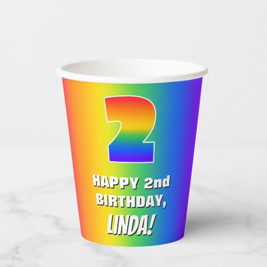 2e verjaardag: kleurrijk, vun regenboogpatroon # 2 papieren bekers (Voorkant)