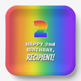 2e verjaardag: kleurrijk, vun regenboogpatroon # 2 papieren bordje