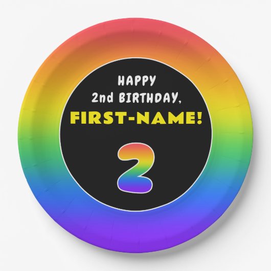 2e verjaardag: kleurrijke regenboog # 2, aangepast papieren bordje (Voorkant)