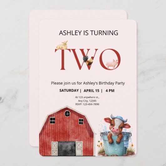 2e verjaardag Koe Boerderij Barn Partij Kaart (Voorkant / Achterkant)