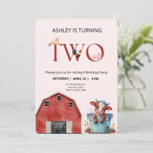 2e verjaardag Koe Boerderij Barn Partij Kaart (Staand voorkant)