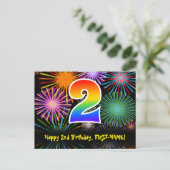 2e verjaardag – leuk vuurwerkpatroon + regenboog 2 briefkaart (Staand voorkant)