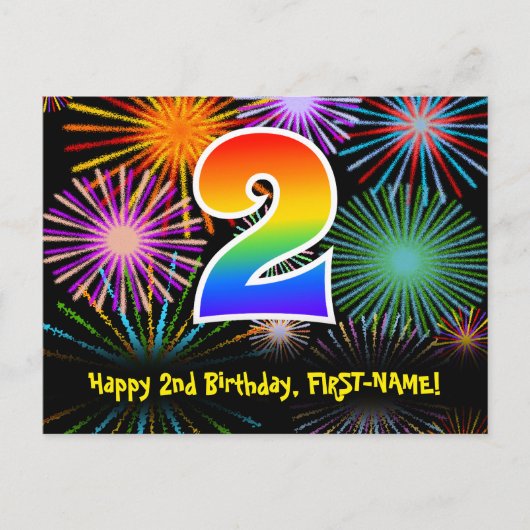 2e verjaardag – Leuke vuurwerkpatroon + Regenboog Briefkaart (Voorkant)