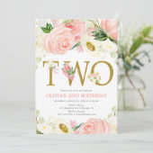 2e verjaardag meisje, blush roze goud bloemenelega kaart (Staand voorkant)