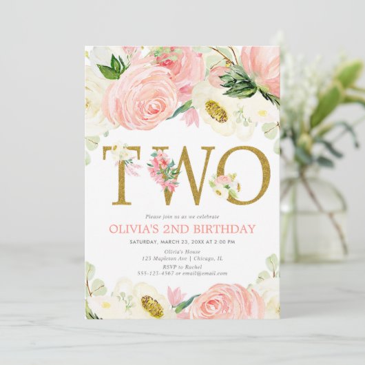 2e verjaardag meisje, blush roze goud bloemenelega kaart (Staand voorkant)