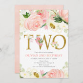 2e verjaardag meisje, blush roze goud bloemenelega kaart (Voorkant / Achterkant)