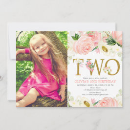 2e verjaardag meisje, blush roze goud bloemenfoto kaart