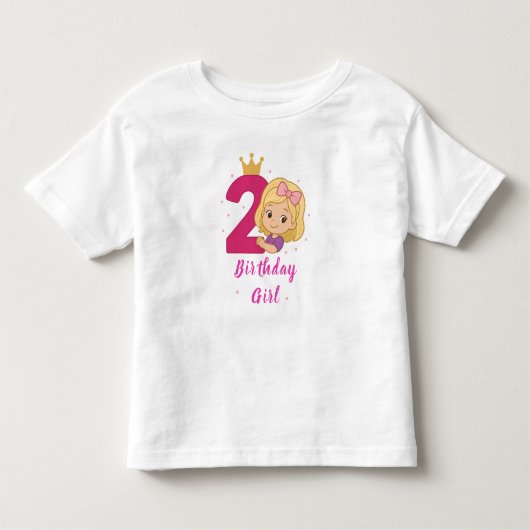 2e Verjaardag Meisje met Kroon en Roze Nummer Kinder Shirts (Voorkant)