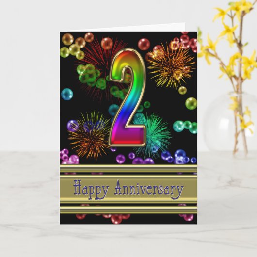 2e verjaardag met vuurwerk en bubbels kaart (Gele Bloem)