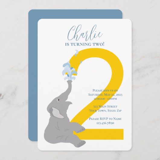 2e verjaardag Modern Grey Elephant Party Uitnodigi Kaart (Voorkant / Achterkant)