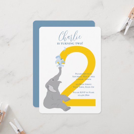 2e verjaardag Modern Grey Elephant Party Uitnodigi Kaart (Voorkant / Achterkant in situ)