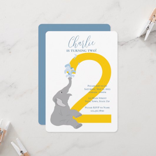 2e verjaardag Modern Grey Elephant Party Uitnodigi Kaart (Voorkant / Achterkant in situ)
