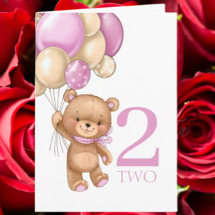 2e verjaardag mooie roze ballonnen meisje teddy ka kaart