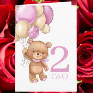 2e verjaardag mooie roze ballonnen meisje teddy ka kaart