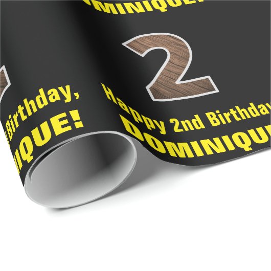 2e verjaardag: Naam & Faux Hout Grain Pattern "2" Cadeaupapier (Rol Hoek)