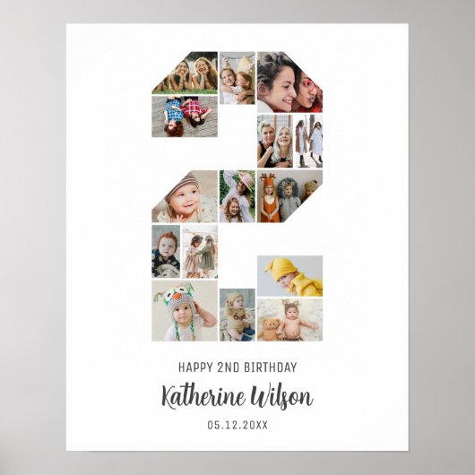 2e Verjaardag Nummer 2 Fotocollage Aangepast Afbee Poster (Voorkant)