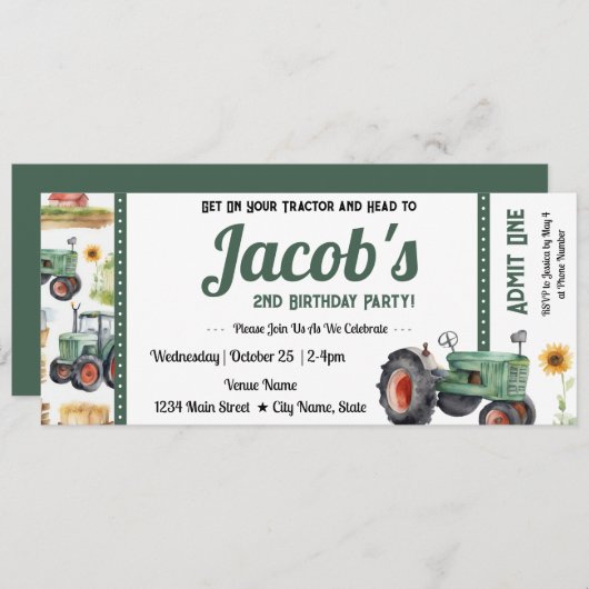 2e verjaardag Ontvang je Tractor Ticket Uitnodigin Kaart (Voorkant / Achterkant)