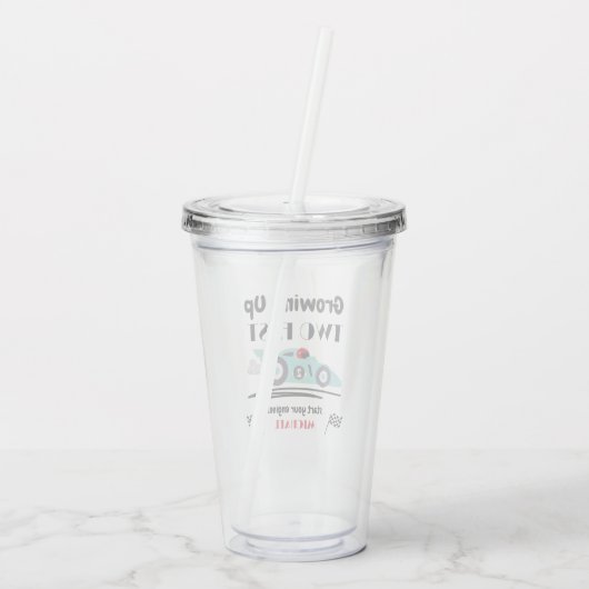 2e verjaardag opgroeien twee snelle blauwe raceaut acryl drinkbeker (Achterkant)