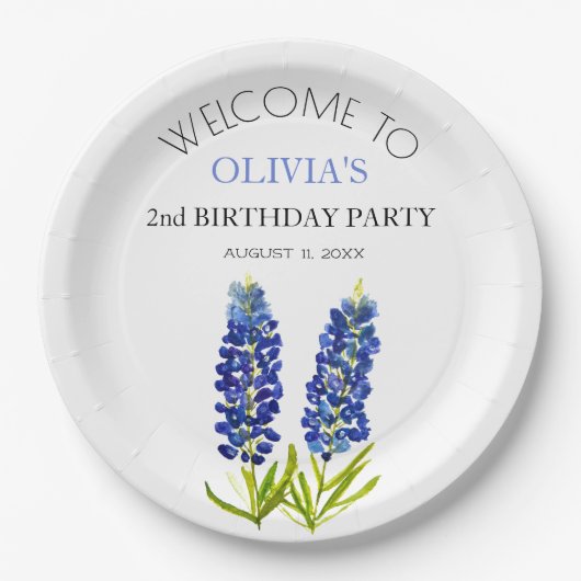 2e Verjaardag Party Bluebonnets Bloemen Baby Meisj Papieren Bordje (Voorkant)
